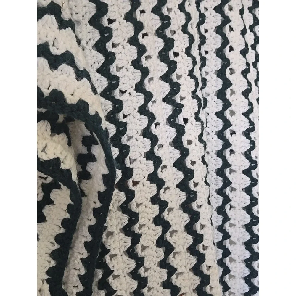 Vtg Handmade Crochet Throw Blanket Granny Zig Zag Chevron Green White Afghan